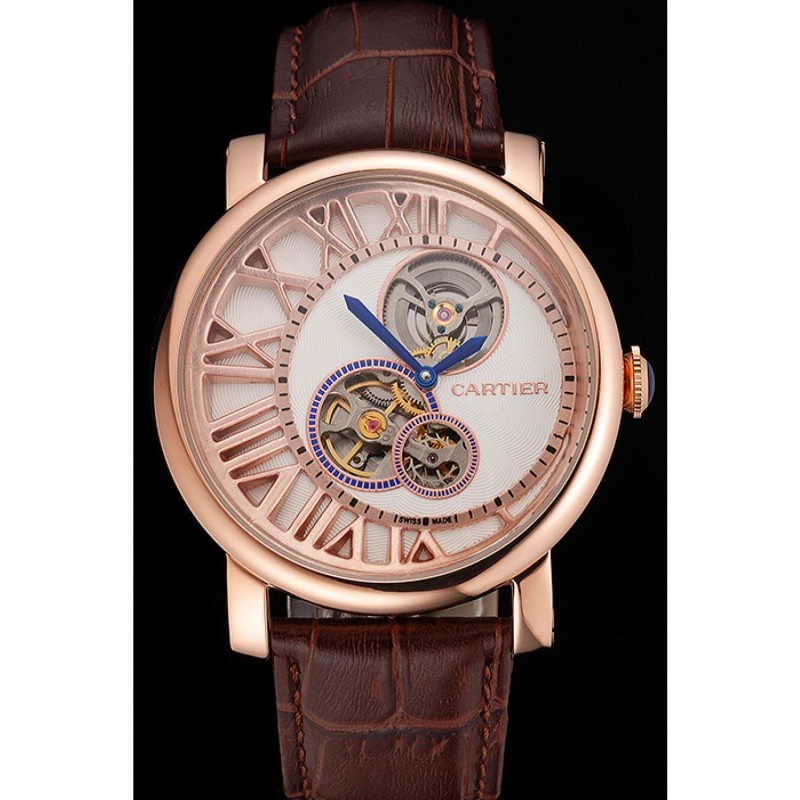 Cartier Rotonde De Cartier Flying Tourbillon White Dial Rose Gold Numerals Rose Gold Case Brown Leather Strap-1