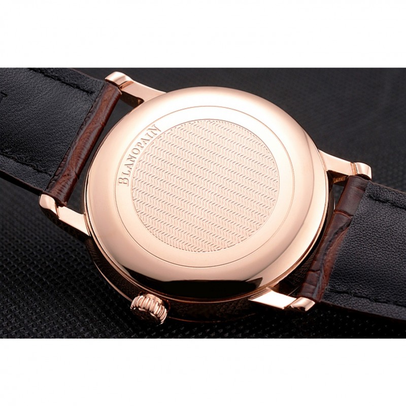 SS Blancpain Villeret Ultra Slim White Groved Dial Gold Numerals Rose Gold Case Brown Leather Strap-7