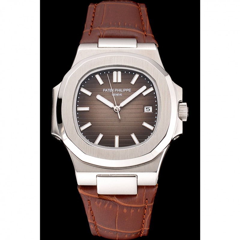 Patek Philippe Nautilus Brown Dial Brushed Stainless Steel Case Brown Leather Strap-1