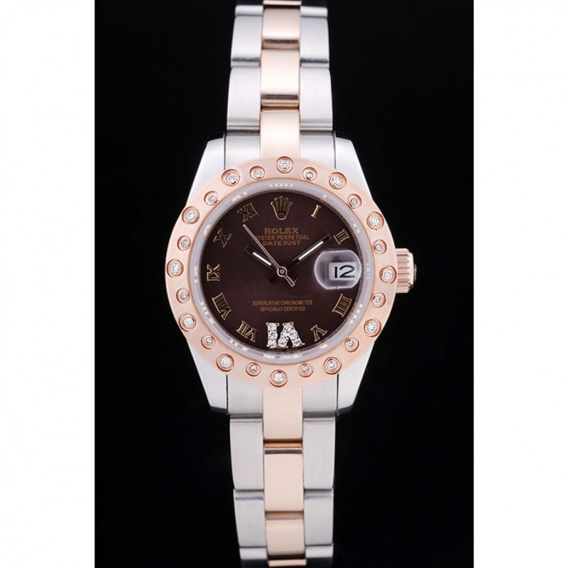 Rolex Datejust Diamonds Rose Gold Polished Bezel Brown Dial 7475-1