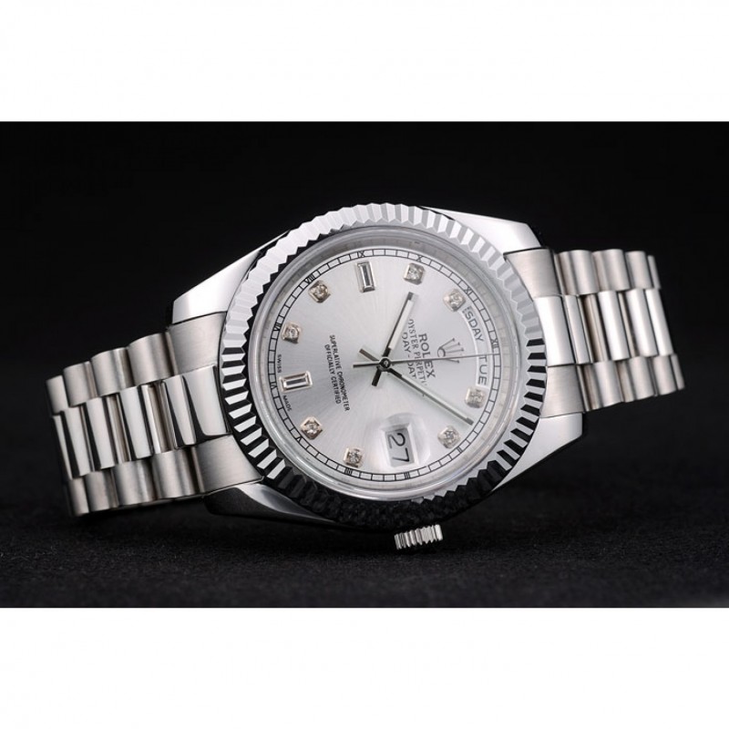 High Quality Replica Watches Rolex Swiss DayDate Stainless Steel Ribbed Bezel Silver Dial 41995-3