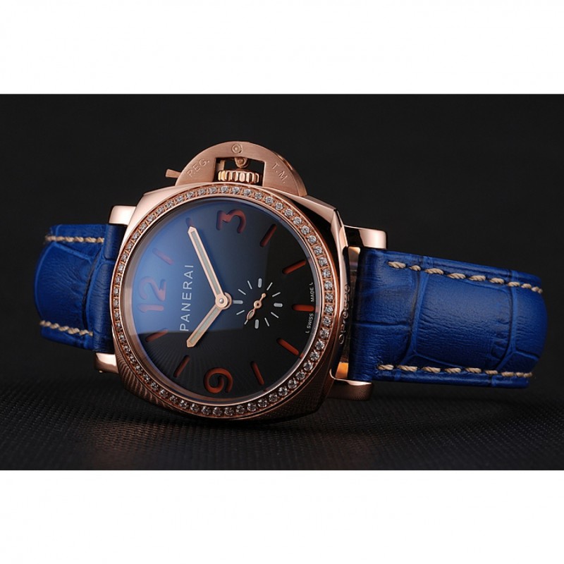 Panerai Radiomir Black Dial Diamond Bezel Rose Gold Case Blue Leather Strap 1453800-4