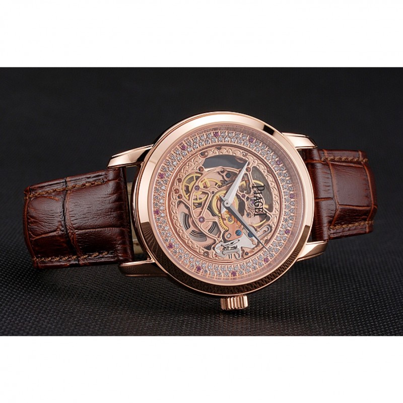 Swiss Piaget Altiplano Rose Gold Skeleton Dial With Diamonds Rose Gold Case Brown Leather Strap-3