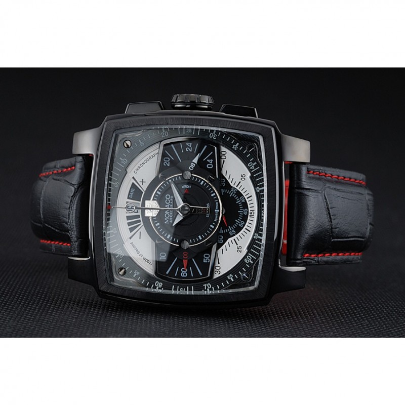 High Quality Tag Heuer Monaco Black-Red Perforated Leather Strap Black Dial 80309-4