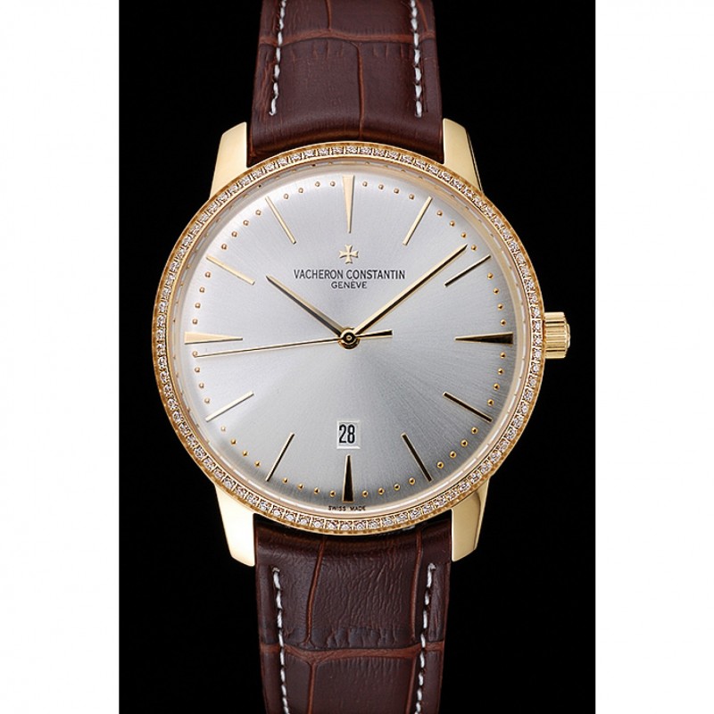 Swiss Vacheron Constantin Patrimony White Dial Gold Diamond Case Brown Leather Bracelet 1454180-1