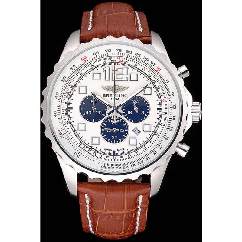 SS Replica Watches Breitling Navitimer Brown Leather Strap White Dial-0