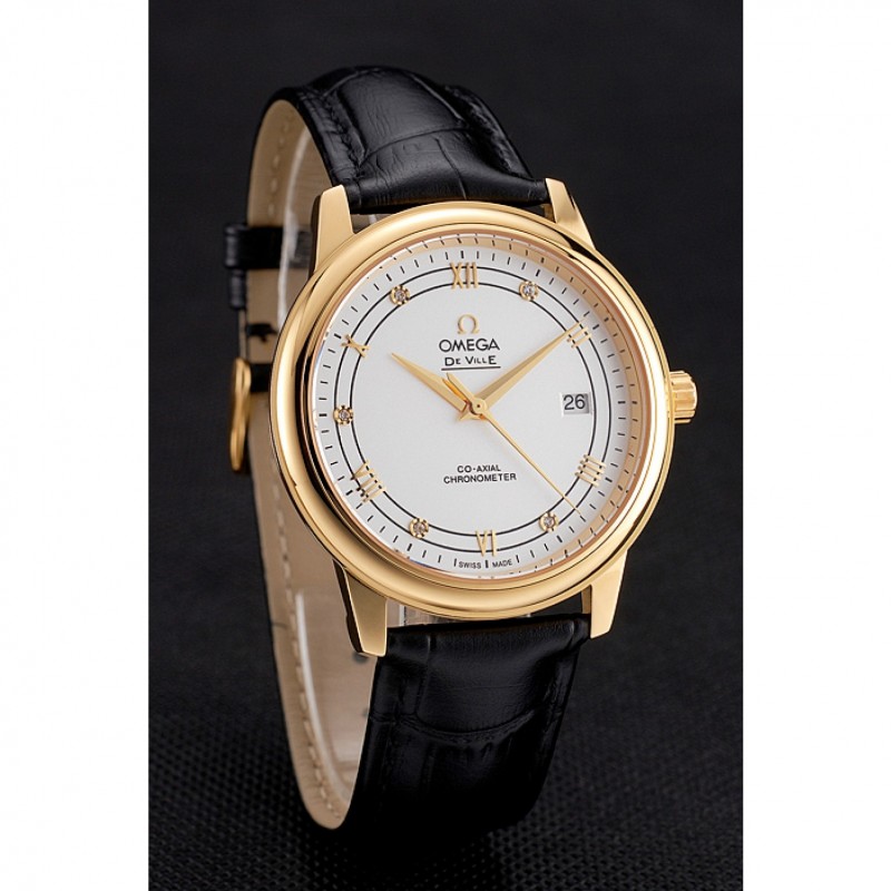 Omega De Ville Prestige White Dial Gold Case Black Leather Strap-2