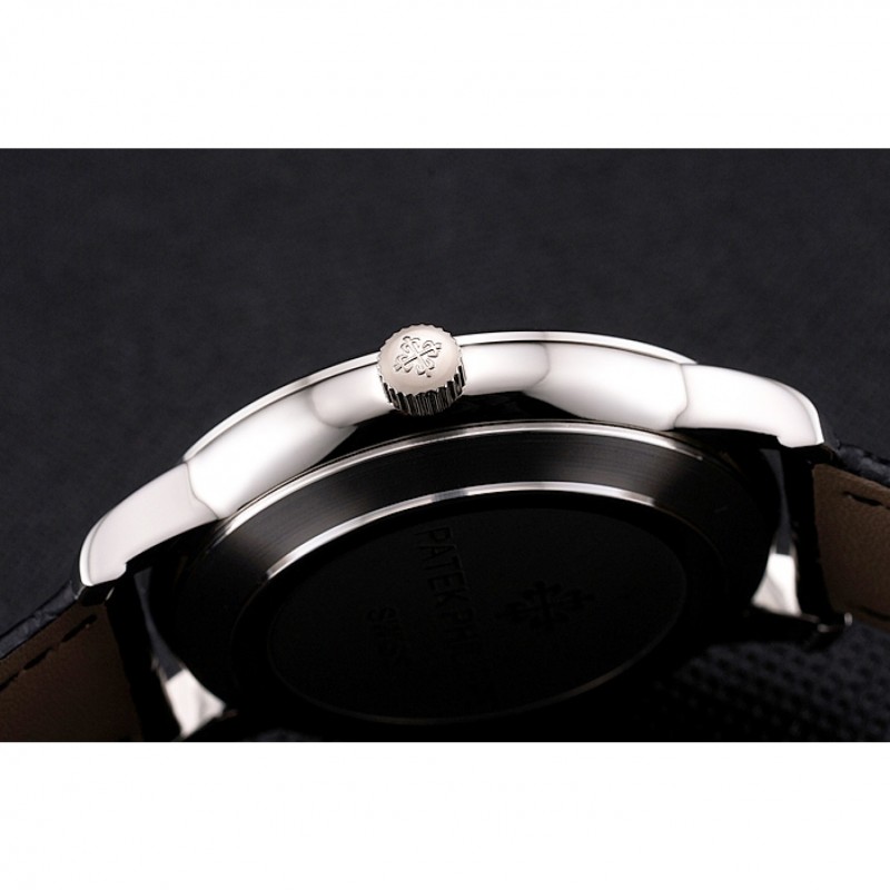 High End Patek Philippe Calatrava Date White Embossed Dial Stainless Steel Case Black Leather Strap-8