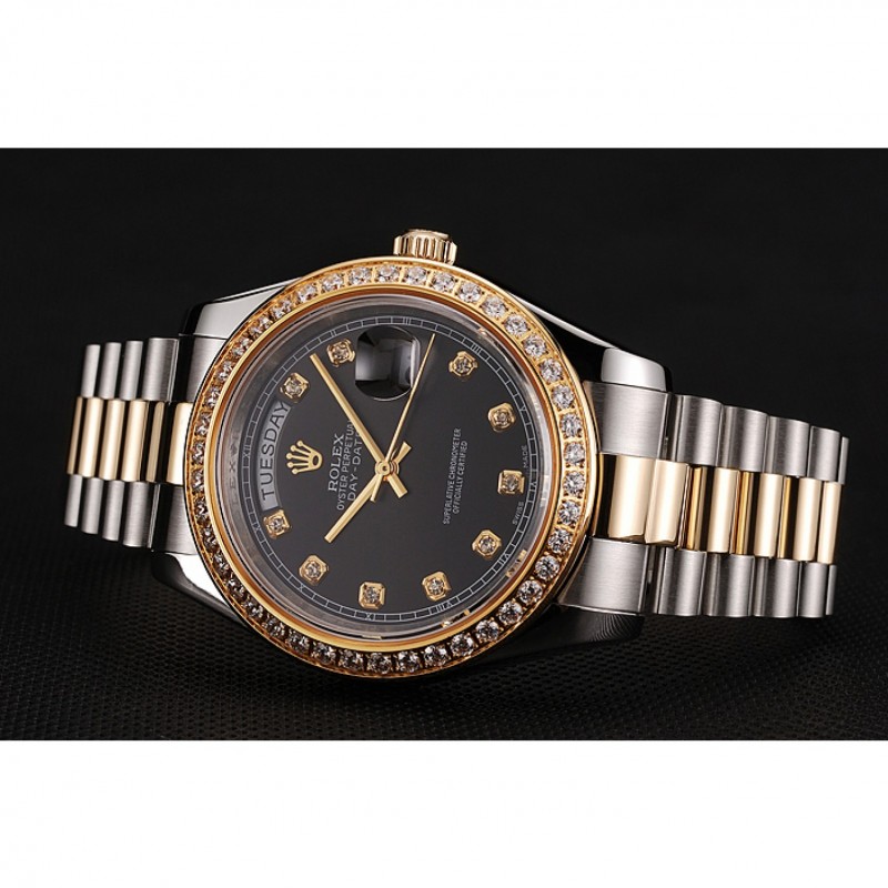 Swiss Rolex Day-Date Black Dial Gold Diamond Case Two Tone Stainless Steel Bracelet 1453975-3