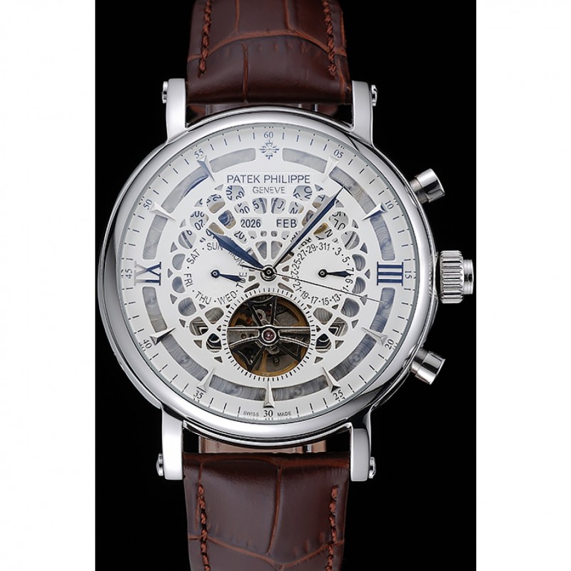 Patek Philippe Grand Complications Annual Calendar White Dial Silver Case Brown Leather Bracelet 1454233-1