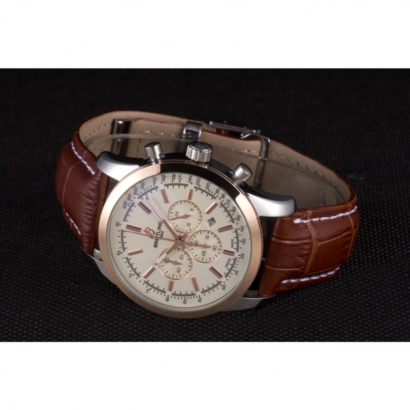 Breitling Transocean White Dial Light Brown Leather Strap Rose Gold Bezel-4