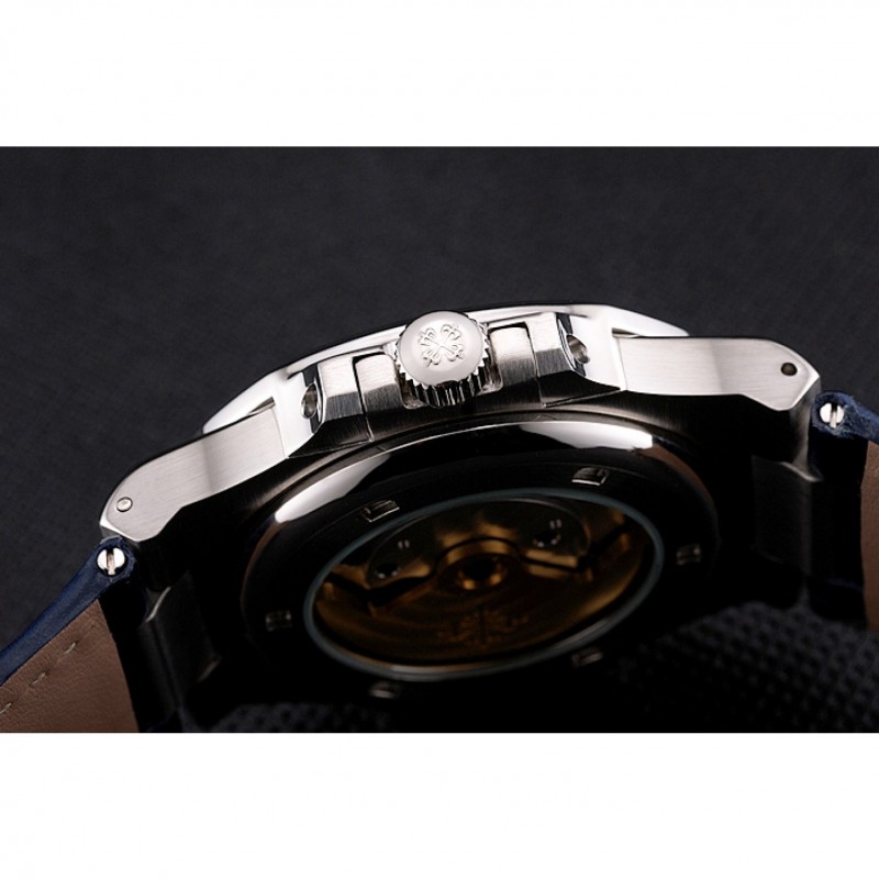AAA Replica Watches Patek Philippe Nautilus Blue Dial Stainless Steel Case Blue Leather Strap-8