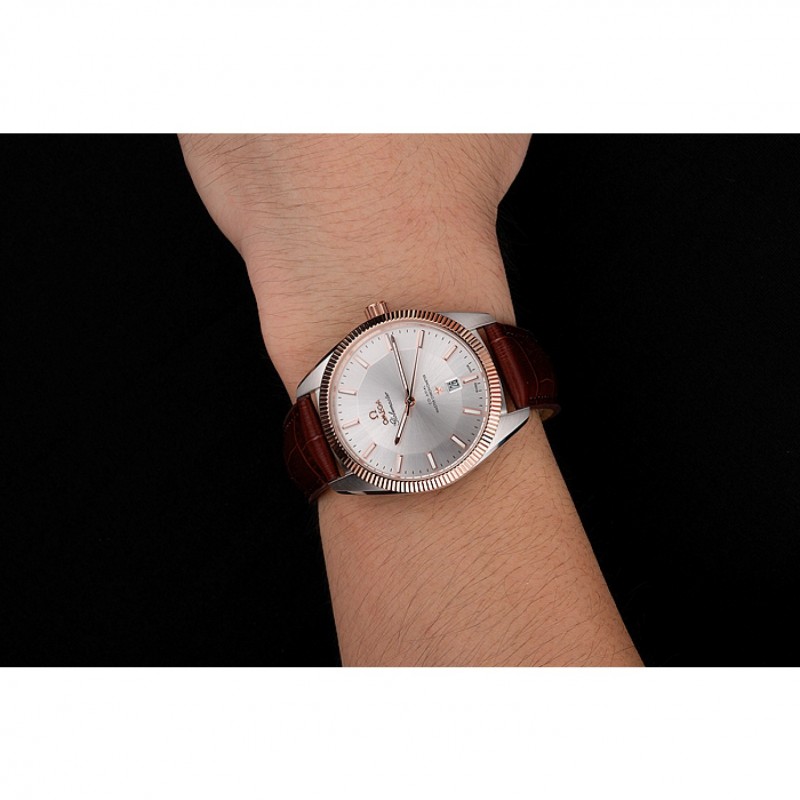 Omega Globemaster Silver Dial Rose Gold Bezel Stainless Steel Case Brown Leather Strap-8
