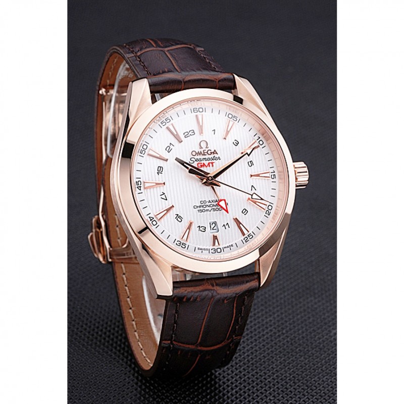 Cheap Omega Seamaster Planet Ocean GMT White Dial Rose Gold Case Brown Leather Band 622400-2
