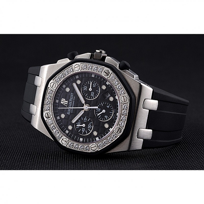 Swiss Audemars Piguet Royal Oak Chronometer Black Dial Diamond Bezel Stainless Steel Case Black Rubber Strap 622867-4