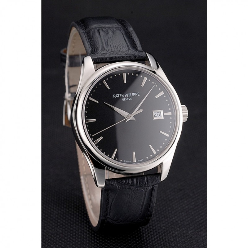 Swiss Patek Philippe Calatrava Black Dial Stainless Steel Case Black Leather Strap-2
