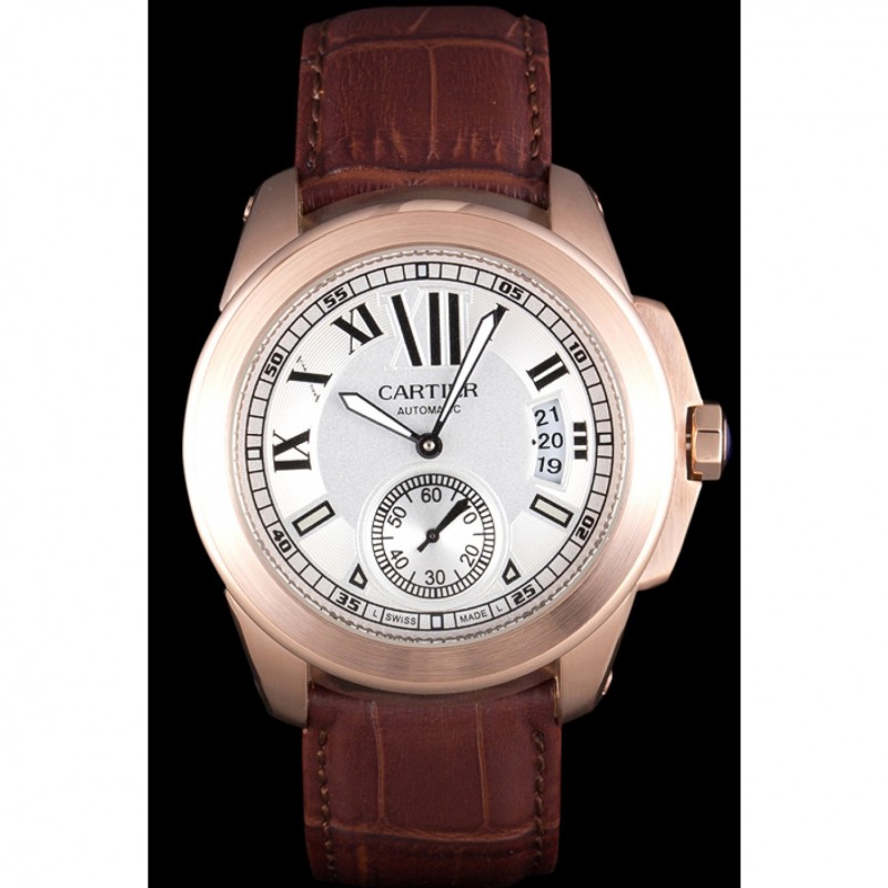 Best Cartier Calibre White Dial Gold Case Brown Leather Bracelet-1