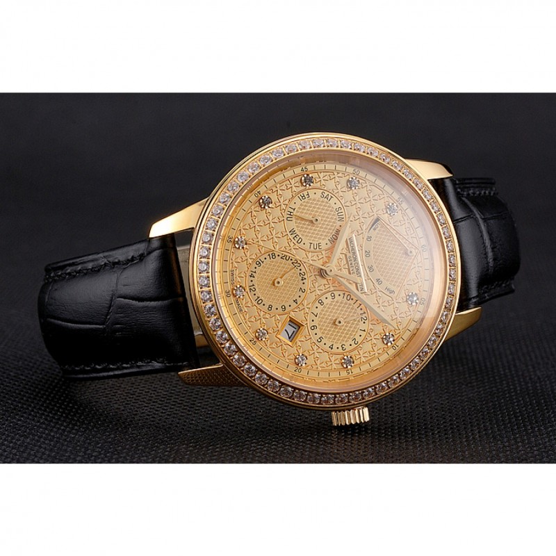 Swiss Vacheron Constantin Traditionnelle Power Reserve Gold Dial And Case Diamond Bezel Black Leather Strap-4