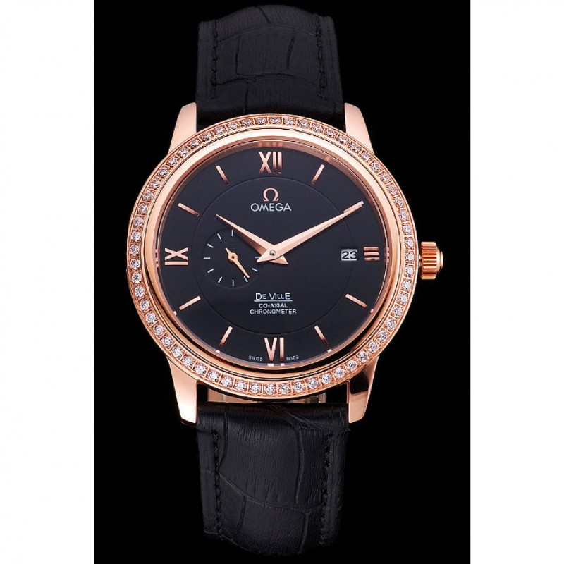 Omega De Ville Prestige Co-Axial Black Dial Rose Gold Diamond Case Black Leather Strap Roman Numeral-1