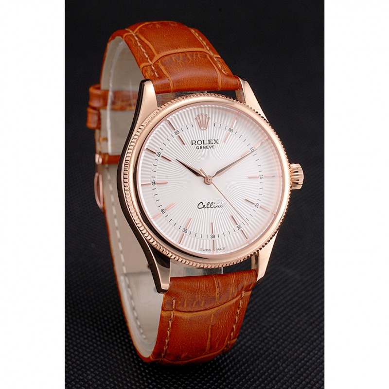 Swiss Rolex Cellini White Dial Rose Gold Case Brown Leather Strap-2