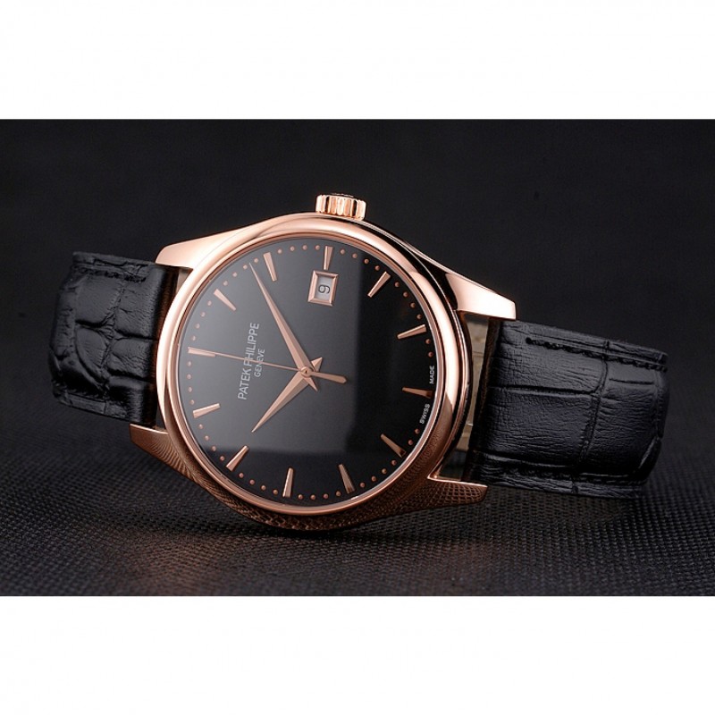 Swiss Patek Philippe Calatrava Black Dial Rose Gold Case Black Leather Strap-4