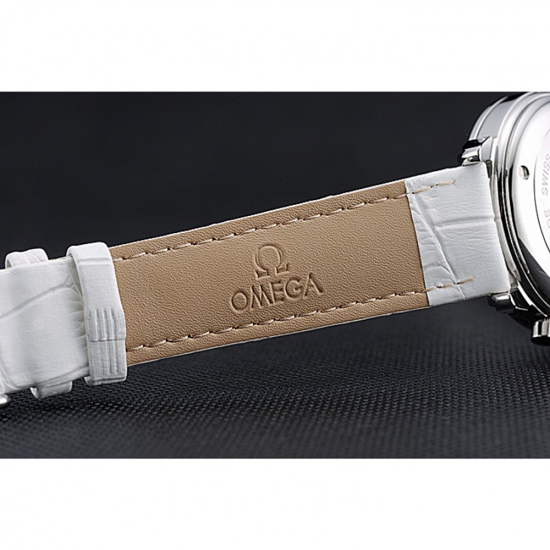 Best Omega De Ville Chronograph White Dial Stainless Steel Diamond Case White Leather Bracelet 622453-6