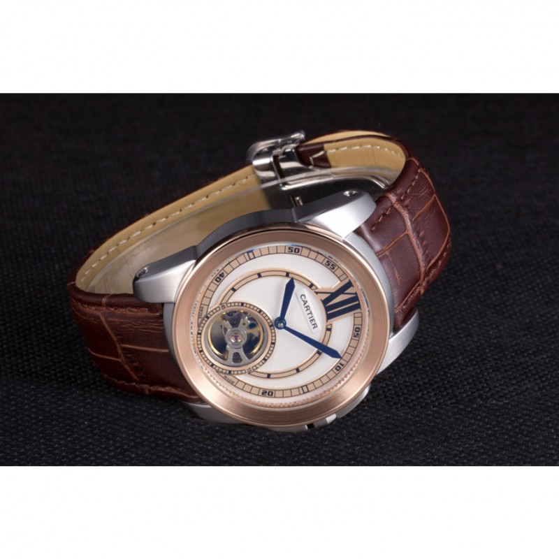 SS Replica Watches Cartier Calibre Flying Tourbillon White Dial Two Tone Case Brown Leather Bracelet-3