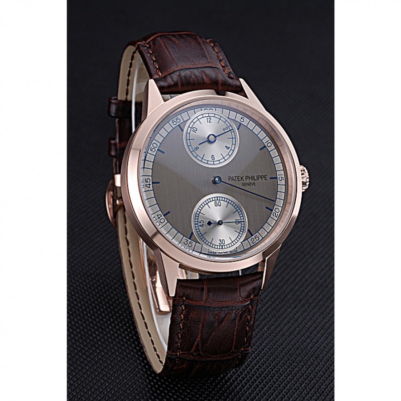 Patek Philippe Geneve Two Dial Gray Dial Rose Gold Bezel Brown Leather Band 622148-2