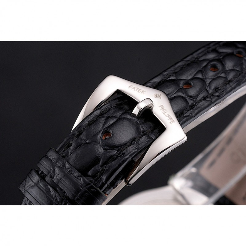 Patek Philippe Calatrava White Dial Roman Numerals Stainless Steel Case Black Leather Strap-5