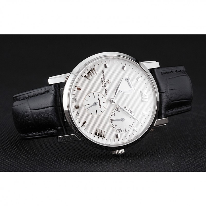 Cheap Swiss Vacheron Constantin Patrimony Quantieme Reserve De Marche White Dial Stainless Steel Case Black Leather Strap-4