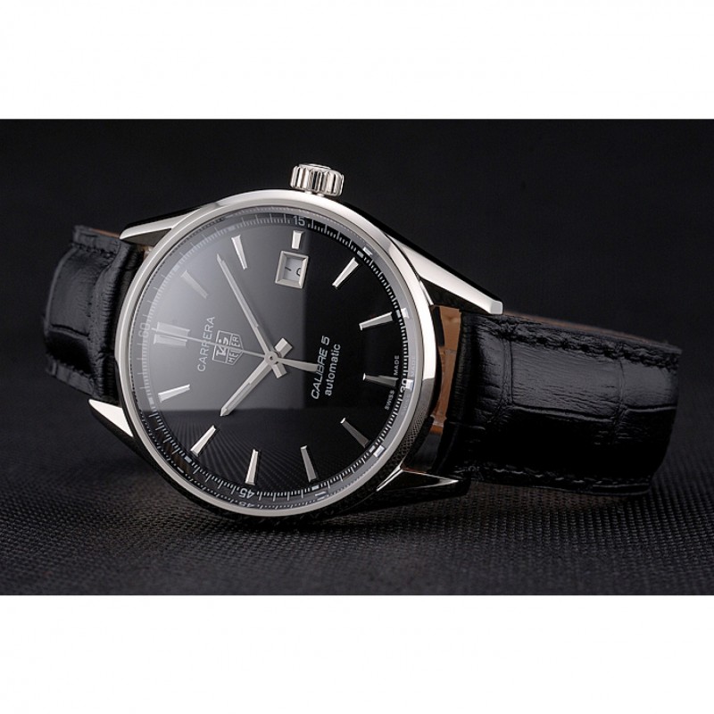 Swiss Tag Heuer Carrera Calibre 5 Black Dial Stainless Steel Case Black Leather Strap-3