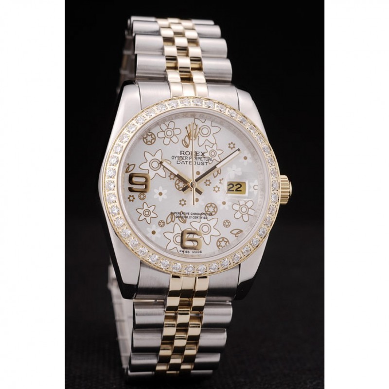 Rolex DateJust Brushed Stainless Steel Case Silver Flowers Dial Diamonds Plated-1