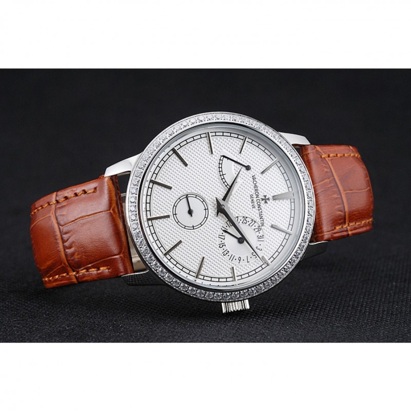 Vacheron Constantin Patrimony Power Reserve White Dial Silver Diamond Case Brown Leather Bracelet 1454266-4