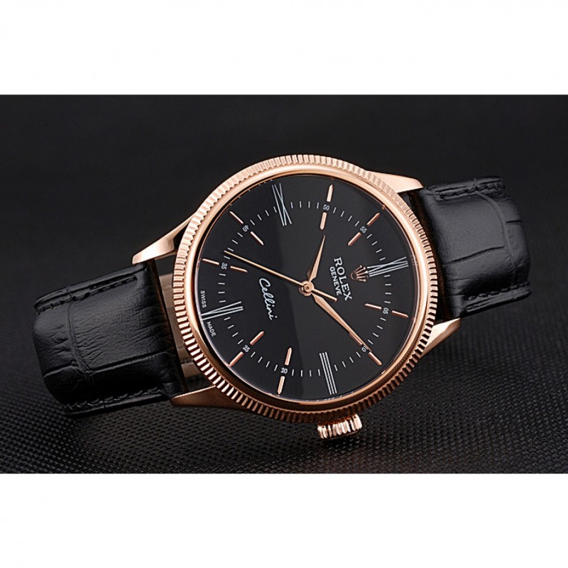 Best Replica Watches Swiss Rolex Cellini Time Rose Gold Case Black Dial Black Leather Bracelet 622656-3