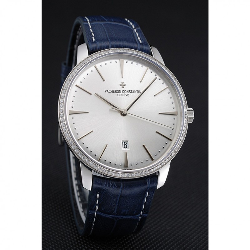 High End Replica Watches Swiss Vacheron Constantin Patrimony Silver Dial Silver Diamonds Case Blue Leather Bracelet 1454161-2