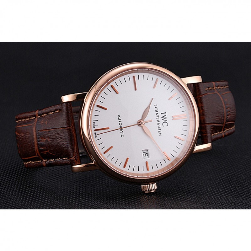 Swiss IWC Portofino Gold Case White Dial Brown Leather Bracelet 622668-3