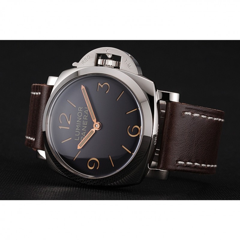 Swiss Panerai Luminor Black Dial Stainless Steel Case Brown Leather Strap 1453854-4