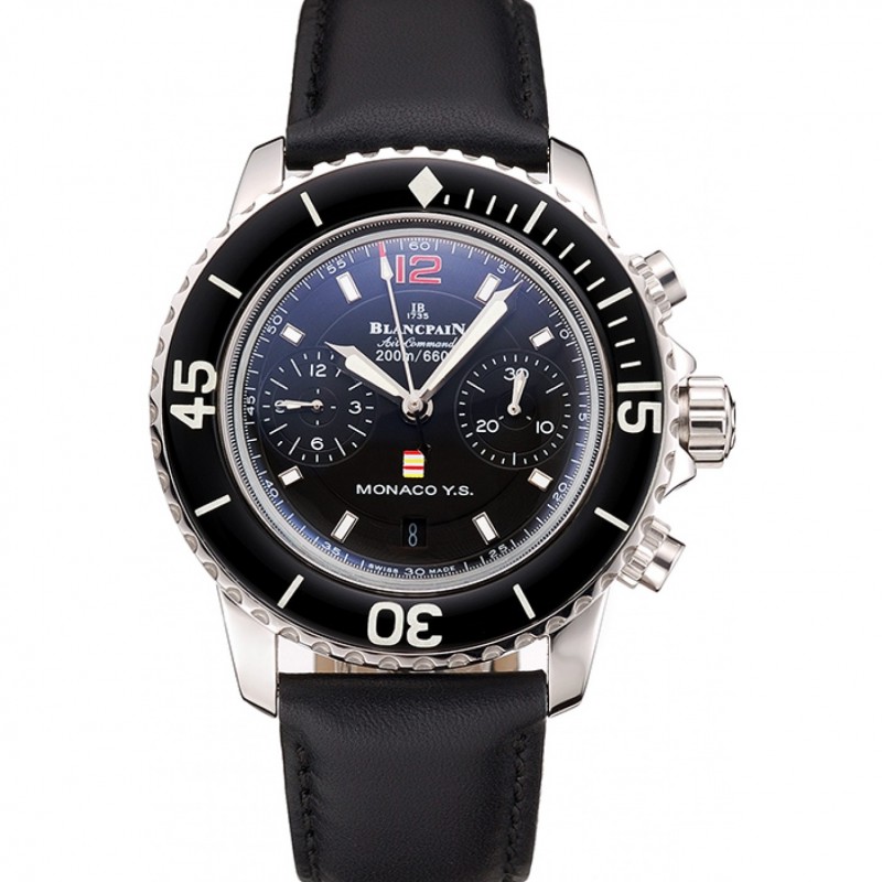 Swiss Blancpain Air Command Monaco YS Black Dial Stainless Steel Case Black Leather Strap-0