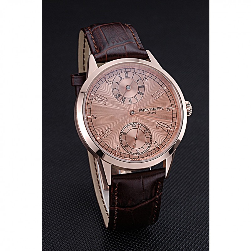 Patek Philippe Geneve Two Dial Rose Dial Rose Gold Bezel Brown Leather Band 622149-2