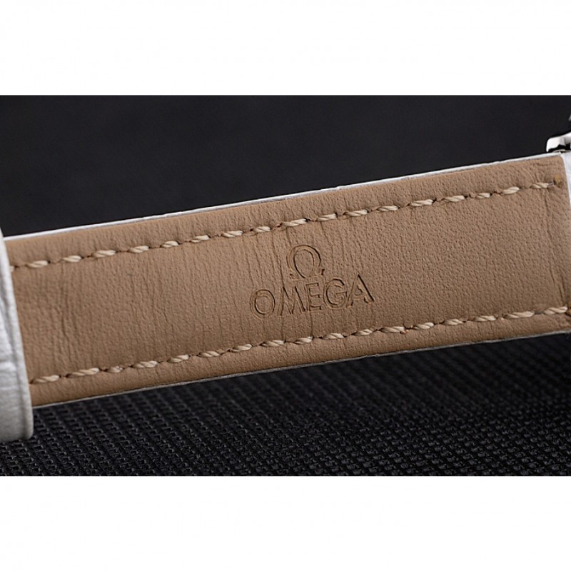 Omega De Ville Prestige Small Seconds White Dial Diamond Bezel Stainless Steel Case White Leather Strap-6