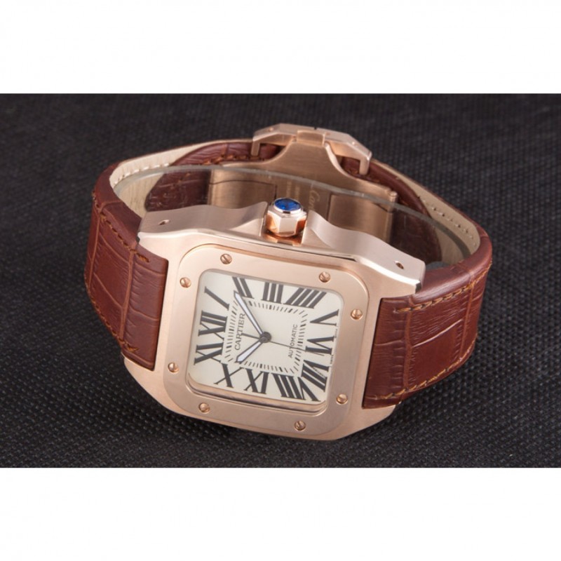 Swiss Cartier Santos Rose Gold with Brown Leather Strap 621522-4