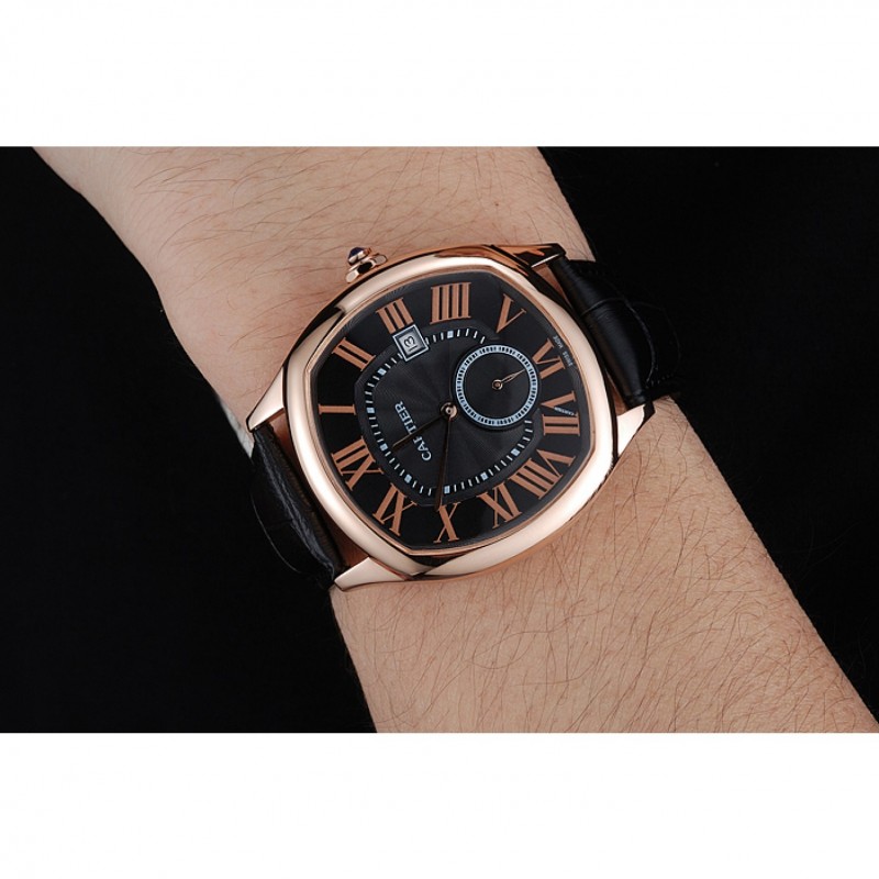 Cartier Drive De Cartier Black Dial Gold Case Black Leather Bracelet 1454214-8
