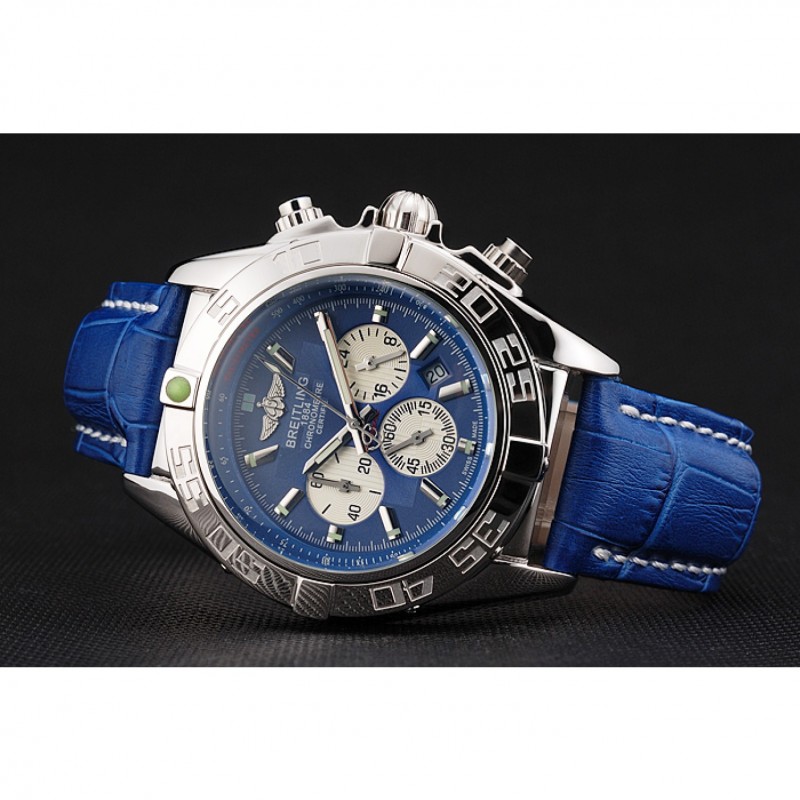 High End Breitling Chronomat Patrouille De France Blue Dial Stainless Steel Case Blue Leather Strap-3
