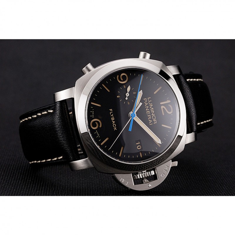 Luxury Replica Watches Swiss Panerai Luminor Flyback Chronograph Black Dial Stainless Steel Case Black Leather Strap-4