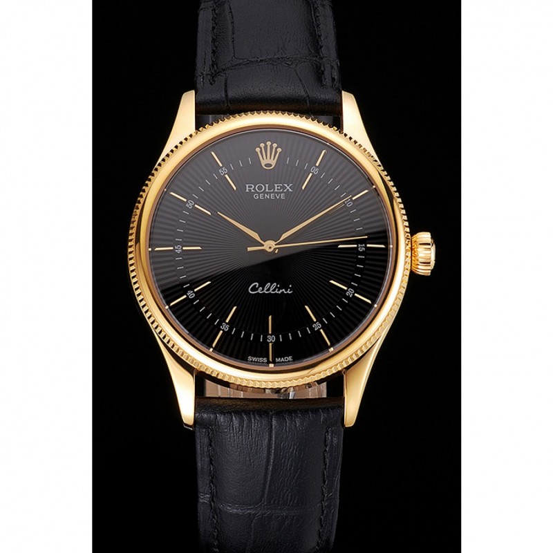 Best Replica Watches Swiss Rolex Cellini Black Dial Gold Markings Gold Case Black Leather Strap-1