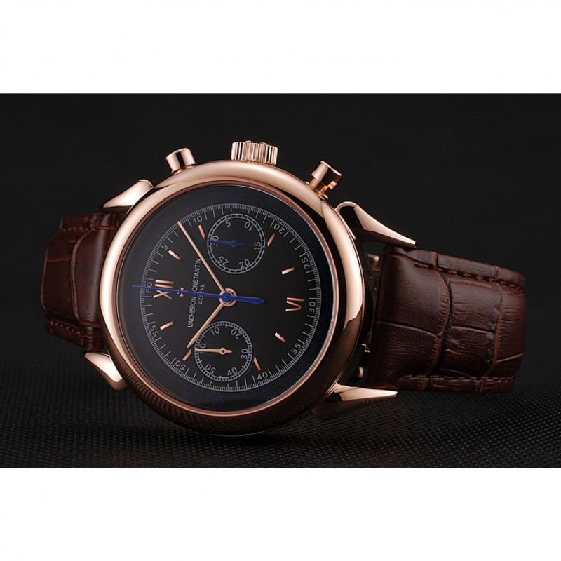 Swiss Vacheron Constantin Traditionnelle Chronograph Black Dial Gold Case Brown Leather Bracelet 1453995-3