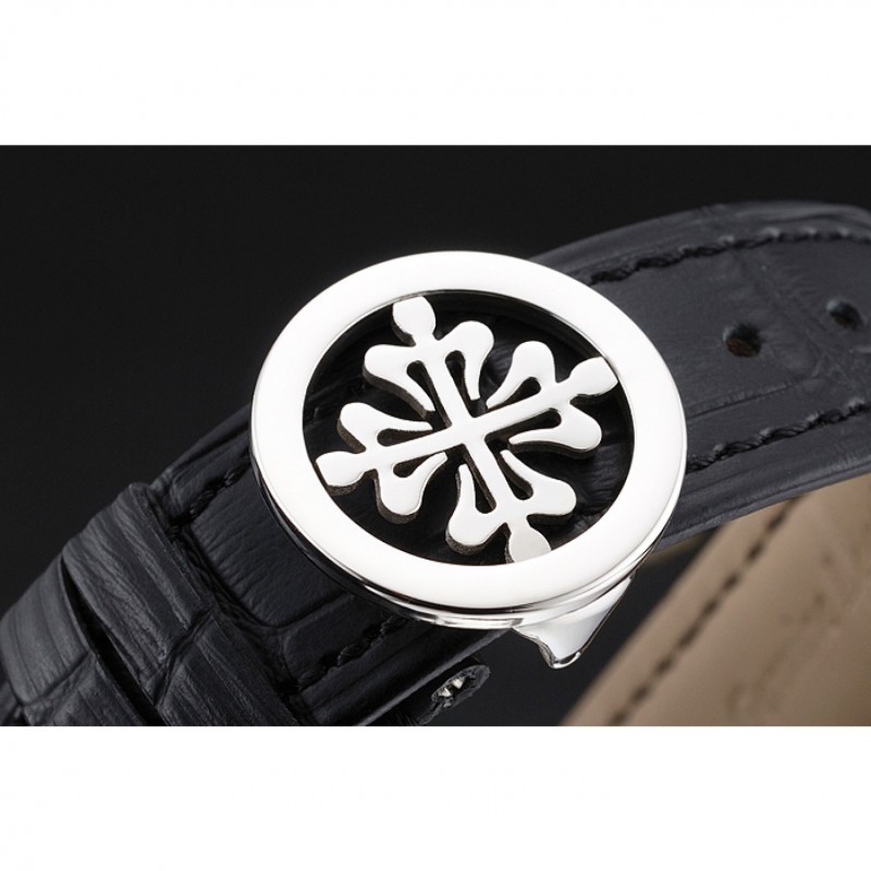 Swiss Patek Philippe Split Seconds Chronograph White Dial Silver Numerals Stainless Steel Case Black Leather Strap-3