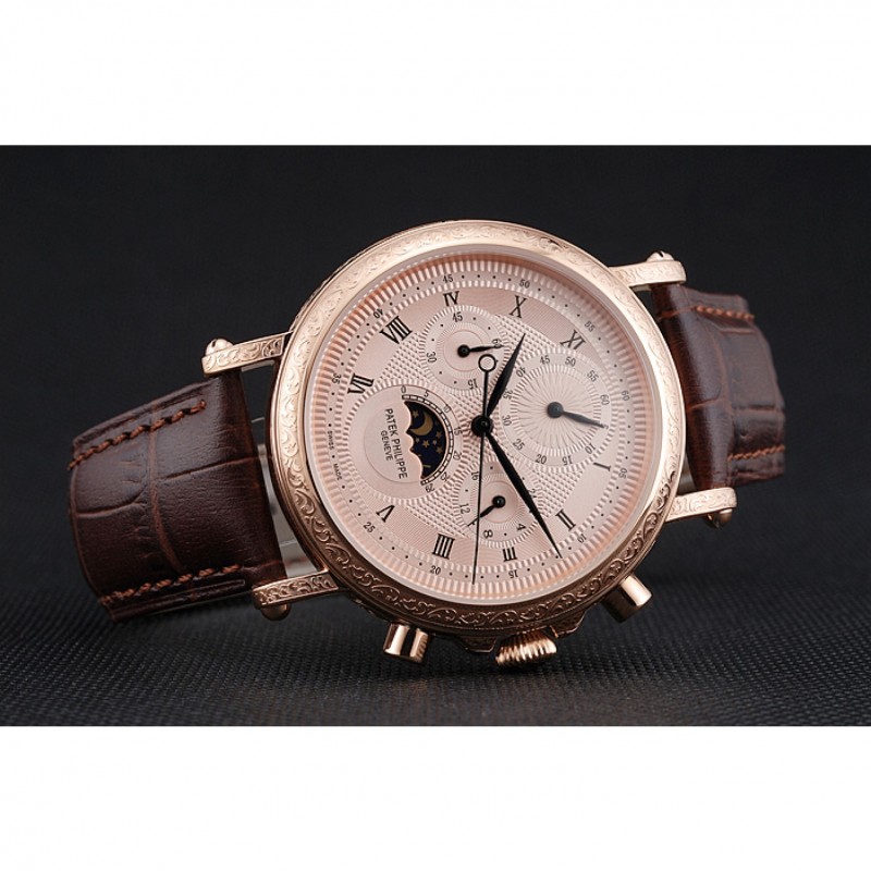 AAA Replica Watches Patek Philippe Grand Complications Rose Gold Dial Engraved Rose Gold Case Brown Leather Bracelet 1454142-4