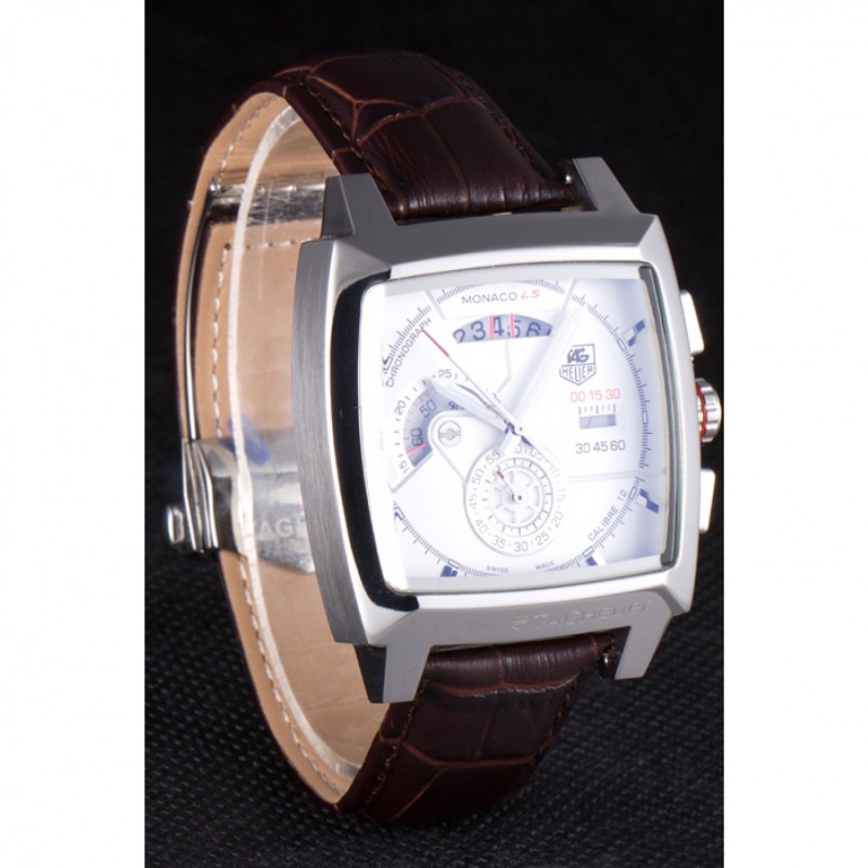 Tag Heuer Monaco Brushed Stainless Steel Case White Dial Brown Leather Strap 98173-2