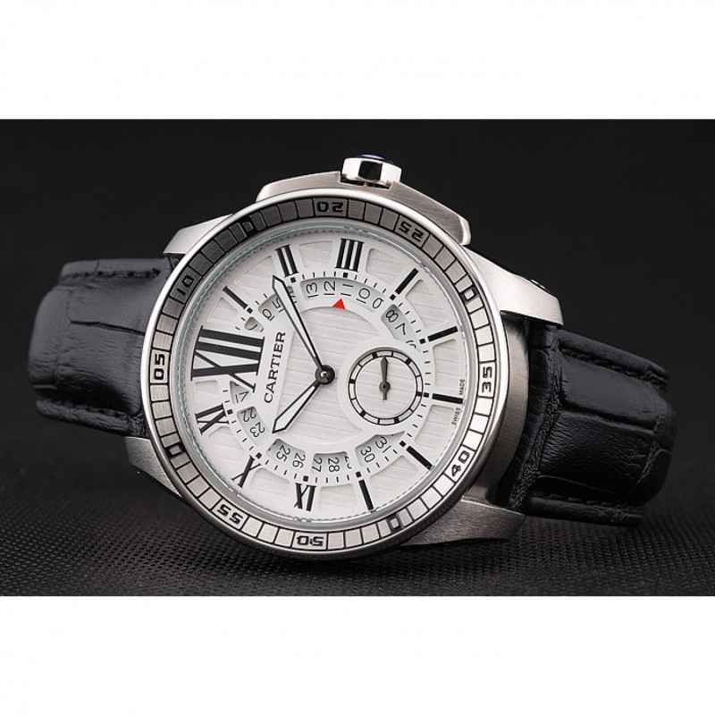 Cartier Calibre De Cartier Small Seconds White Dial Stainless Steel Case Black Leather Strap-3